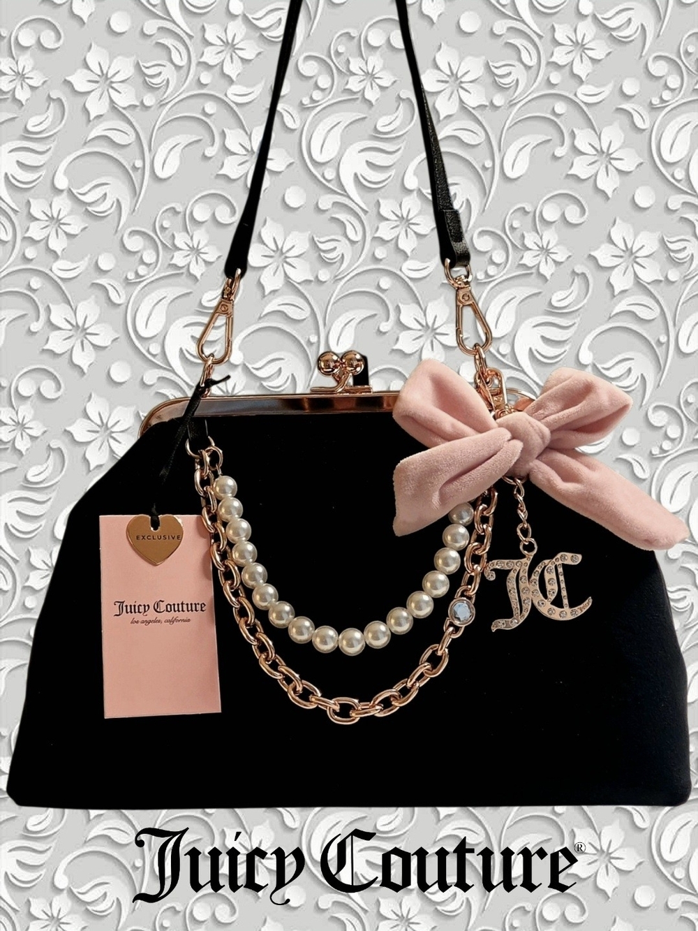 Juicy Couture Liquorice Haus Kisslock Clutch  Bow Charm Pearl Gld Ch Accents NWT